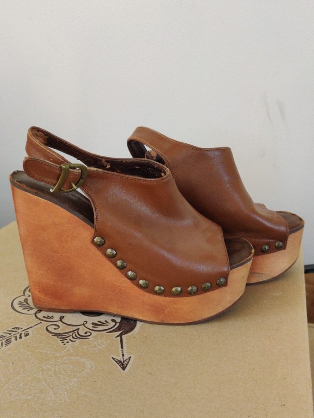 Jeffrey Campbell Snick Brown Leather Open-Toe Slingback Wedge Clogs